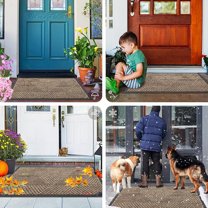 Smiry Front Door Mat Outside Entrance, Heavy Duty Sturdy Natural Rubber Doormat, Trap Dirt and Moisture, Easy Clean Low Profile Mats for Indoor Outdoor Entry, Irregular Triangle (29.5x17, Taupe)