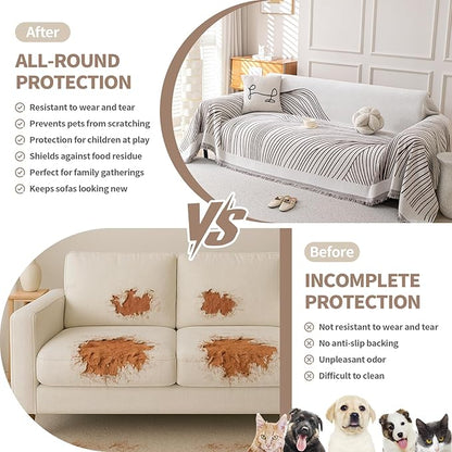 Boho Chenille Couch Cover for Dogs, Non Slip Sofa Cover, Couch Slipcover Covers for 3 Cushion, Furniture Protector with Tassels for Pets Washable, 71"x118", Curved Lines Brown