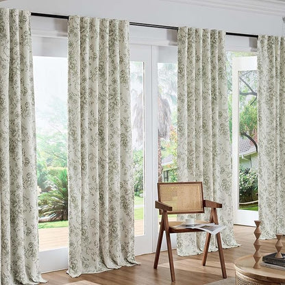 jinchan Blackout Floral Curtains for Living Room Bedroom Linen Blend Curtain Farmhouse Green Printed with Lined Back Tab Rod Pocket Drapes Window Treatments 2 Panels 63 Inch
