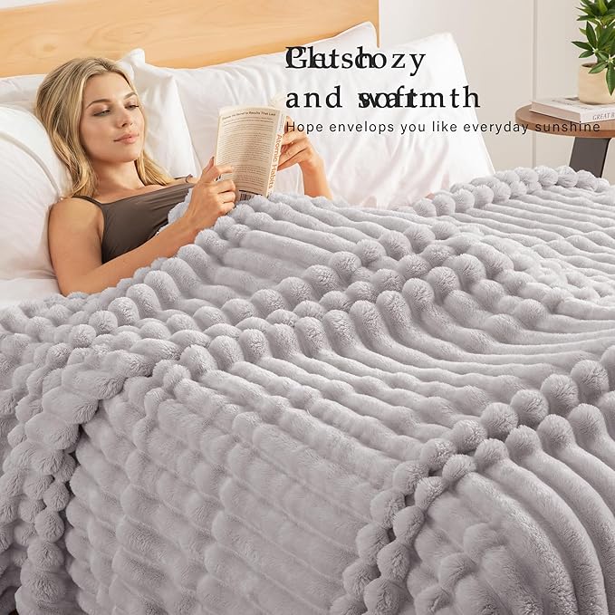 Exclusivo Mezcla Twin Size Flannel Fleece Blanket, Super Soft Striped Jacquard Bed Blanket, Lightweight Fuzzy Cozy for All Seasons, 60x80 Inches, Light Grey
