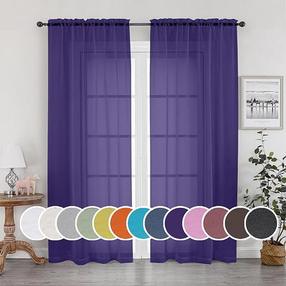 OWENIE Purple Sheer Curtains 63 inch Length 2 Panels Set, Rod Pocket Voile Fimly Sheer Drapes for Living Room/Bedroom, 2pcs, Each 42" W x 63" L