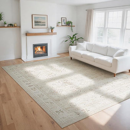 Washable Rugs 8x10 Area Rugs for Living Room-Light Brown Rugs for Bedroom,Dining Room, Large Soft Low Pile Vintage Carpet with Non Slip Rubber Backing,Neutral Accent Rug for Nursery Home Office