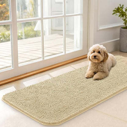 OLANLY Dog Door Mat for Muddy Paws 47x17, Absorbs Moisture and Dirt, Absorbent Non-Slip Washable Doormat, Quick Dry Chenille Mud Mat for Dogs, Entry Indoor Entryway Carpet for Inside Floor, Sand