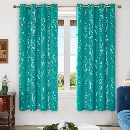 Deconovo Blackout Curtains, Thermal Insulated Soundproof Drapes with Tree Foil Print, 52 x 72 Inch, Set of 2, Machine Washable Window Curtain for Bedroom Living Room Nursery Kitchen Office, Turquoise