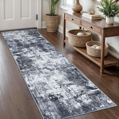 KOZYFLY Modern Abstract Rug Runner for Hallway 2x8 Grey/Black Kitchen Runner Rug Non Skid Washable Carpet Runner Laundry Room Mat Soft Fluffy Low Pile Rug for Hallway Entryway Bathroom Bedroom