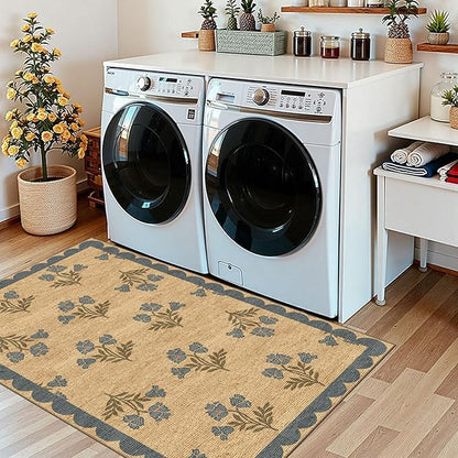 3x5 Floral Entry Rug - Small Washable Indoor Outdoor Mats for Front Door Non-Slip Jute-Look Porch Rug Boho Blue Scalloped Throw Rugs for Living Room Bedroom Entryway Kitchen Office Porch Decor