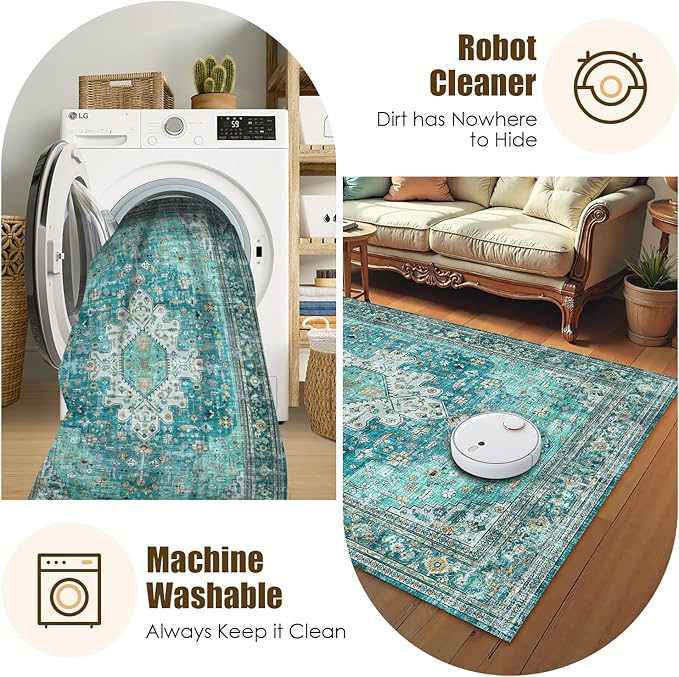 Washable Area Rug 6' x 9' Vintage Traditional Persian Mat - Foldable Distressed Non-Slip Machine Washable Carpet for Living Room Bedroom Kitchen Home Decor - Teal and Gold
