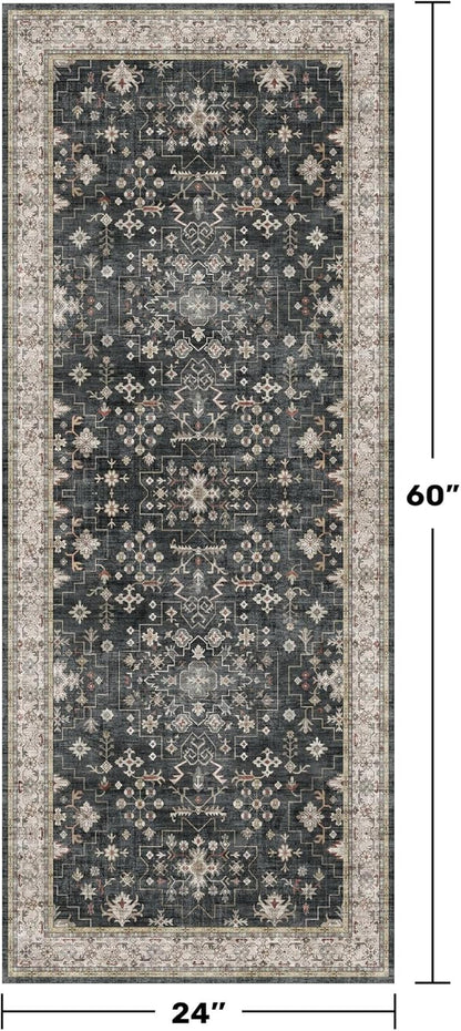 Black Entryway 2x5 Runner Rug, Small Throw Runners for Kitchen Bedroom Bathroom Laundry Room, Vintage Floral Decor & Non-Slip Low-Pile Washable Stain Resistant, Dark Ashen Charcoal