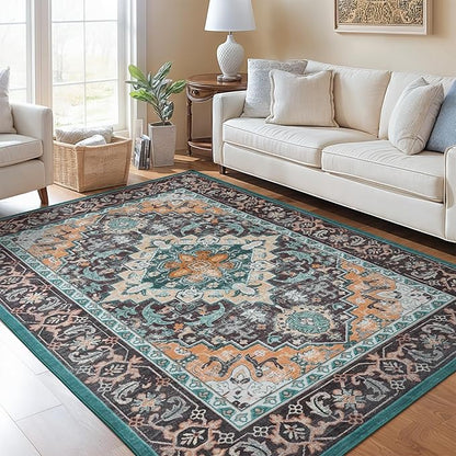 Lofus 5x7 Area Rugs for Living Room, Washable Area Rug, Rugs for Bedroom, Kitchen, Vintage Boho Carpet, Soft Non-Slip, Low Pile Large Area Rug for Office Dining Room, Floral Green