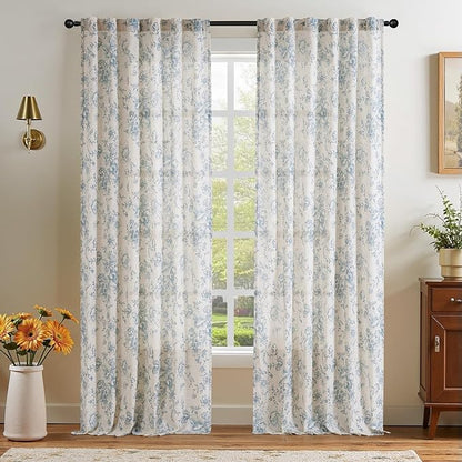 jinchan Linen Blend Curtain Floral Curtains for Living Room 96 Inch Length Blue Printed Curtain Rod Pocket Back Tab Farmhouse Peony Flower Patterned Drapes Bedroom Window Curtains Set 2 Panels