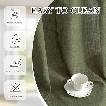 MYSKY HOME Living Room Curtains 90 Inches Long Farmhouse Light Filtering Privacy Curtain Drapes for Patio, Linen Look Texture Fabric Bohemian Draperies Soft Touch, 100" Wide, Olive Green, 1 Pieces
