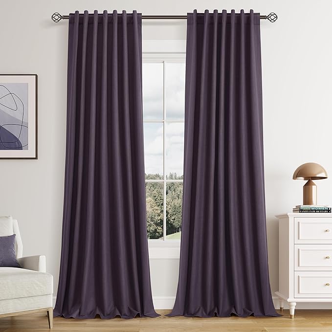 Plum 100% Blackout Linen Curtains 90 Inch Length 2 Panels Set for Living Room Bedroom Back Tab Thermal Insulated Black Out Drapes Room Darkening Farmhouse Style for Bedroom Window Curtains 52x90