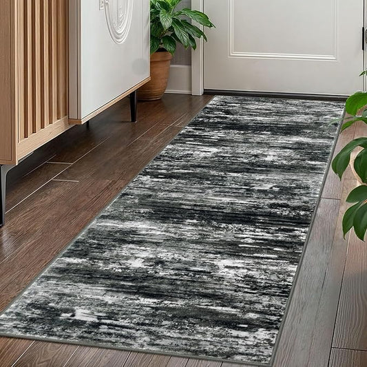 KOZYFLY Kitchen Runner Rug for Hallway Non-Slip Modern Abstract Runner Rug 2x5 Black Grey, Washable Carpet Runner Laundry Room Mat with Soft Low Pile for Entryway Bathroom Bedroom Kitchen