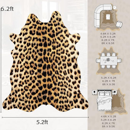 AROGAN 5.2 x 6.2 Ft Faux Leopard Rug, Premium Animal Skin Cheetah Hide Rug, Sturdy Cheetah Print Rugs for Wall Decor, Western Floor Carpet Decor for Bedroom Living Room, Black and Gold