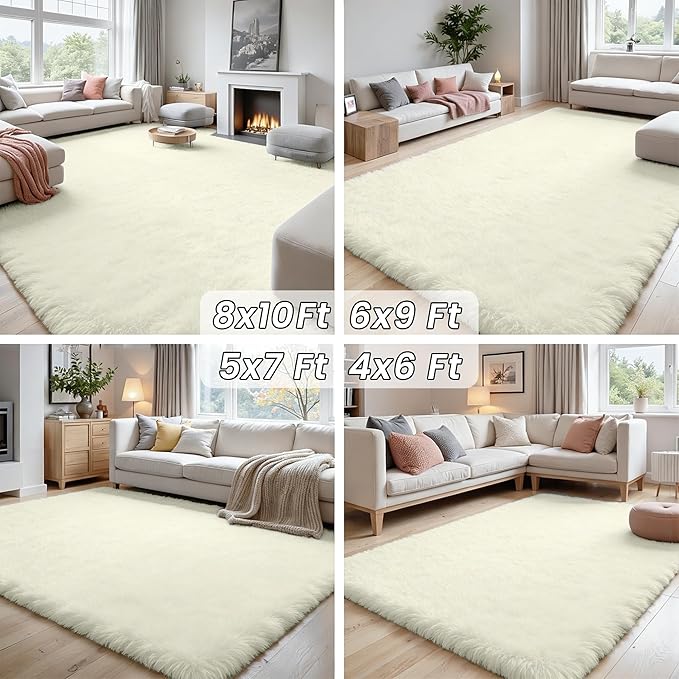 5x8 Area Rugs for Living Room: Soft Fluffy Shag Cream White Rugs for Bedroom, Non Slip Large Fuzzy Plush Rug Indoor Floor Carpet for Nursery Kids Boys Girls Room, Dorms, Playroom, Modern Home Decor