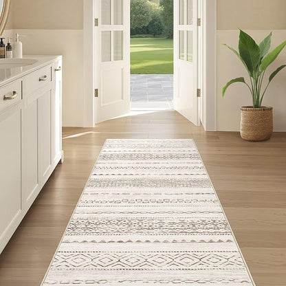 Nakagishi Runner Rug Kitchen Washable Rugs: 2x6 Non-Slip Boho Soft Modern Stain Resistant Indoor Floor Neutral Farmhouse Throw Carpet for Hallway Bathroom Laundry Room Entryway Bedroom- Brown