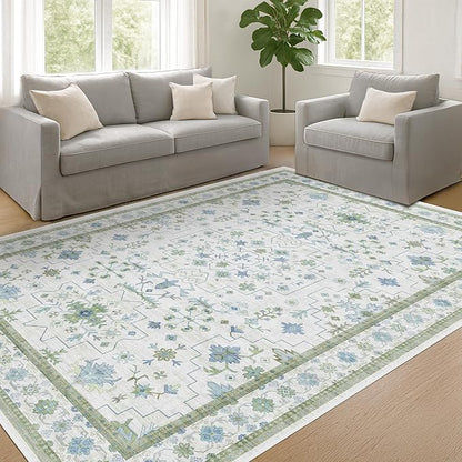 Hazo Haus Cream Oushak 6x9 Bedroom Rug - Boho Floral Cool Blue and Green, Washable Low Pile Non-Slip Ultra-Thin Large Area Rugs for Bed Room, Living Room, Playroom