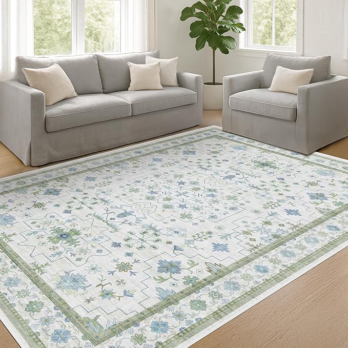 Hazo Haus Cream Oushak 7x9 Bedroom Rug - Boho Floral Cool Blue and Green, Washable Low Pile Non-Slip Ultra-Thin Large Area Rugs for Playroom, Bed Room, Living Room