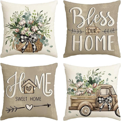 AVOIN colorlife Bless Our Home Farmhouse Eucalyptus Leaves Throw Pillow Covers, 18 x 18 Inch Truck Home Sweet Home Cushion Case Decorations Set of 4