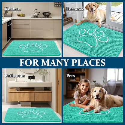 OLANLY Dog Door Mat for Muddy Paws 59x35, Paw Print Design, Absorbs Moisture and Dirt, Absorbent Non-Slip Washable Doormat, Quick Dry Chenille Mud Mat for Dogs, Entry Indoor Entryway Carpet, Teal