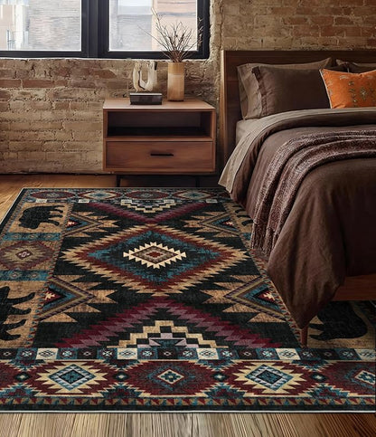 YIHOUSE Rustic Cabin Area Rug for Bedroom 5x7,Machine Washable Lodge Bear Rug,Non-Slip Low Pile Print Pattern Western Rug for Living Room