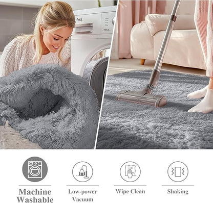 OLANLY Light Grey Round Rugs for Bedroom - Machine Washable, 8 ft Circle Area Rugs for Living Room, Soft and Fluffy Shaggy Carpet for Teen Girls and Boys, Nursery Rooms, Dorms, Home Decor Aesthetic