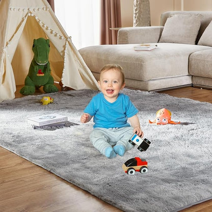 Large Area Rugs for Living Room, Fluffy Shag Fuzzy Plush Soft Bedroom Area Rugs, Indoor Floor Carpet for Kids Boys Girls Dorm Nursery Home Decor Aesthetic(Tie-Dyed Light Grey, 6x9 Feet)