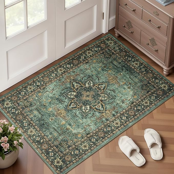 Lofus 2x3 Washable Rug for Entryway Bathroom, Non Slip Kitchen Mats for Floor, Vintage Soft Door Mat Indoor Entrance, Small Area Rugs, Farmhouse Carpet for Entry Living Room Bedroom, Green