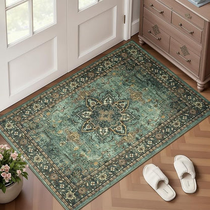 Lofus 2x3 Washable Rug for Entryway Bathroom, Non Slip Kitchen Mats for Floor, Vintage Soft Door Mat Indoor Entrance, Small Area Rugs, Farmhouse Carpet for Entry Living Room Bedroom, Green