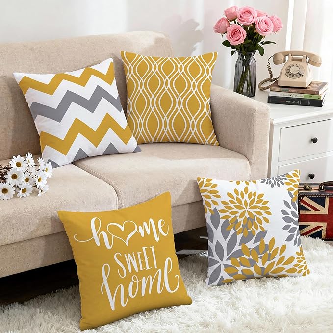 Hexagram Geometric Yellow Pillow Covers 18x18 Set of 4, Decorative Outdoor Boho Modern Throw Pillow Covers, Home Sweet Home Farmhouse Cushion Case for Couch Sofa Bedroom Indoor Decor(No Insert)