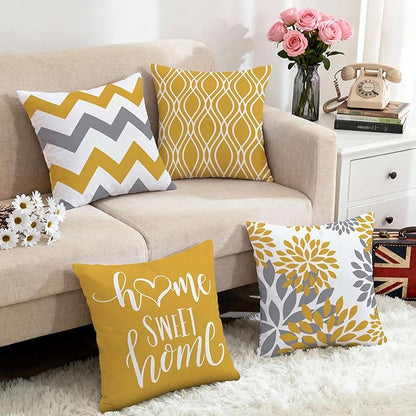 Hexagram Geometric Yellow Pillow Covers 18x18 Set of 4, Decorative Outdoor Boho Modern Throw Pillow Covers, Home Sweet Home Farmhouse Cushion Case for Couch Sofa Bedroom Indoor Decor(No Insert)