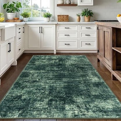 IOHOUZE Abstract Area Rugs 5x7 Ft Washable Rugs for Living Room, Non Slip Dining Room Rug, Printed Faux Wool Rugs for Bedroom, Floor Carpet for Kitchen Nursery Playroom, Dark Green