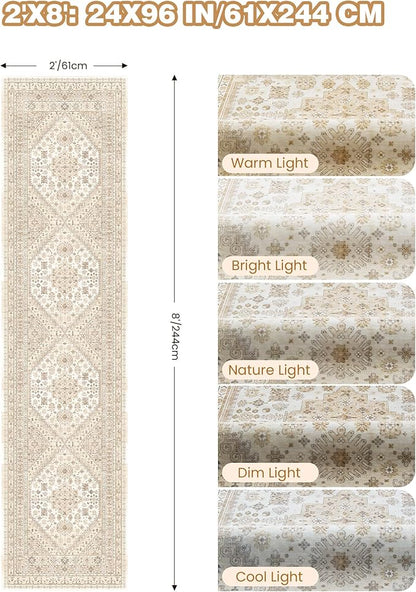 Runner Rug 2x8 Runners for Hallways Non Slip Washable, Vintage Hallway Runner Rugs for Living Room, Low Pile Soft Hallway Rug for Kitchen Bedroom Laundry Room(Cream/Beige,2'x8')