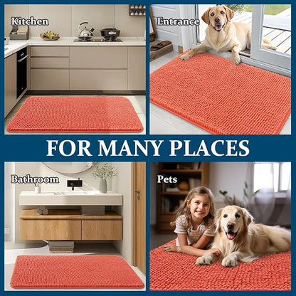 OLANLY Dog Door Mat for Muddy Paws 32x20, Absorbs Moisture and Dirt, Absorbent Non-Slip Washable Doormat, Quick Dry Chenille Mud Mat for Dogs, Entry Indoor Entryway Carpet for Inside Floor, Coral