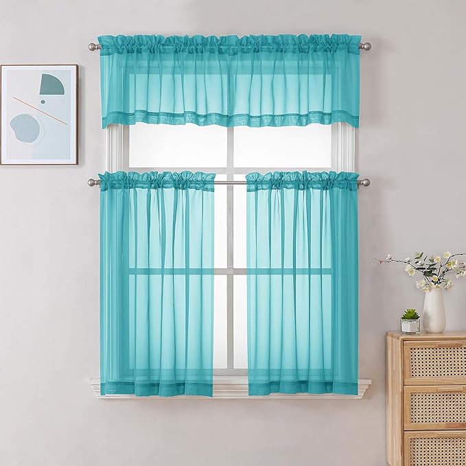 Chyhomenyc Turquoise Sheer Valances for Windows - Light Filtering Small Kitchen Curtains, Rod Pocket Short Top Window Treatment Decor for Living Room Bathroom Basement, 42Wx16L inches, 2 Panels