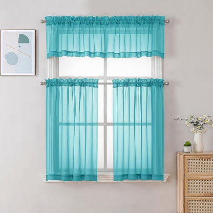 Chyhomenyc Turquoise Sheer Valances for Windows - Light Filtering Small Kitchen Curtains, Rod Pocket Short Top Window Treatment Decor for Living Room Bathroom Basement, 42Wx16L inches, 2 Panels