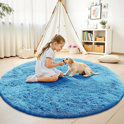 OLANLY Bright Blue Round Rugs for Bedroom - Machine Washable, 8 ft Circle Area Rugs for Living Room, Soft and Fluffy Shaggy Carpet for Teen Girl and Boys, Nursery Rooms, Dorms, Home Decor Aesthetic