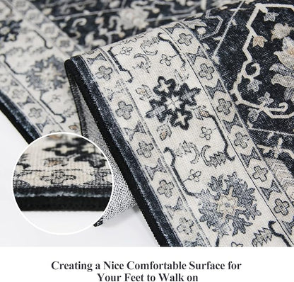 Hallway Washable Runner Rug - 2x10 Kitchen Rugs Entryway Rug Runner Vintage Soft Floor Mat Non Slip Indoor Farmhouse Carpet for Bathroom Living Room Bedroom(2 X 10, Black)