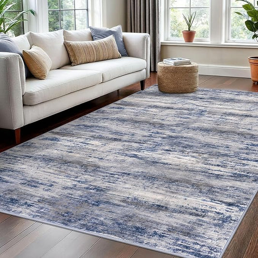 KOZYFLY Washable Area Rug 5x7 Modern Ombre Living Room Thin Area Rug Non-Slip Soft Striped Rug for Bedroom, Print Grey-Blue Abstract Carpet for Laundry Kid Room
