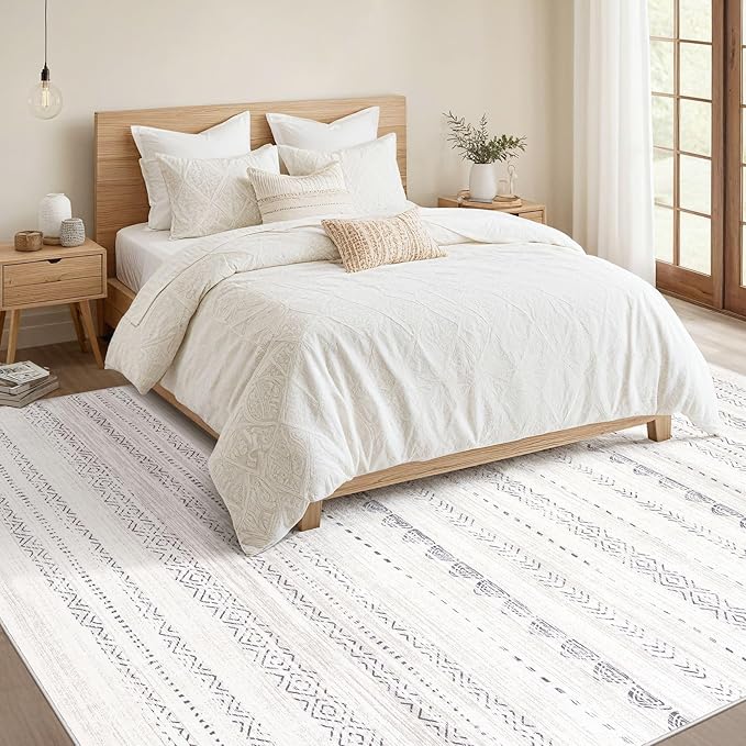 Nakagishi 7x9 Area Rug Living Room: Washable Boho Large Neutral Soft Farmhouse Modern Rugs Stain Resistant Moroccan Non-Slip Indoor Carpet for Bedroom Nursery Kids Playroom Office Dining Room- Gray