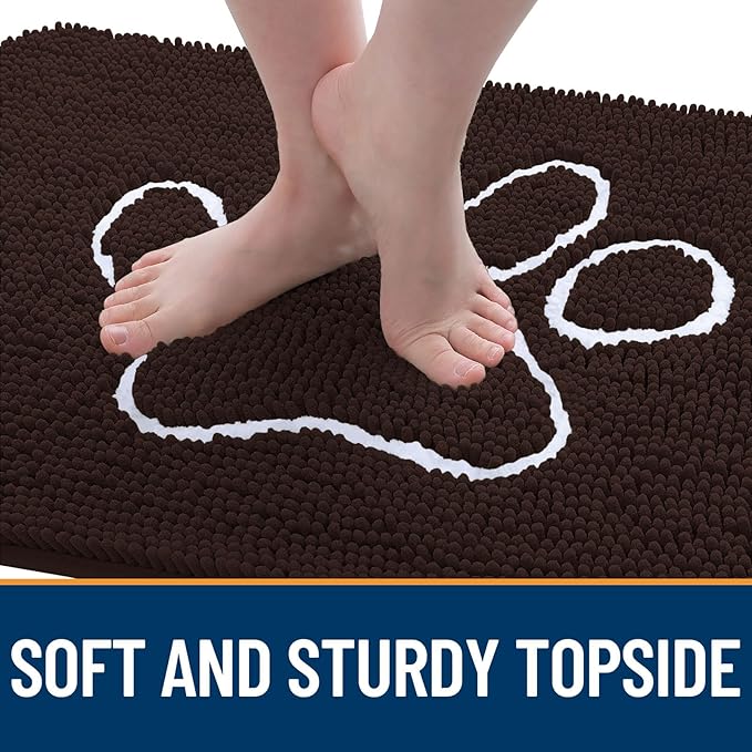 OLANLY Dog Door Mat for Muddy Paws 36x24, Paw Print Design, Absorbs Moisture and Dirt, Absorbent Non-Slip Washable Doormat, Quick Dry Chenille Mud Mat for Dogs, Entry Indoor Entryway Carpet, Brown
