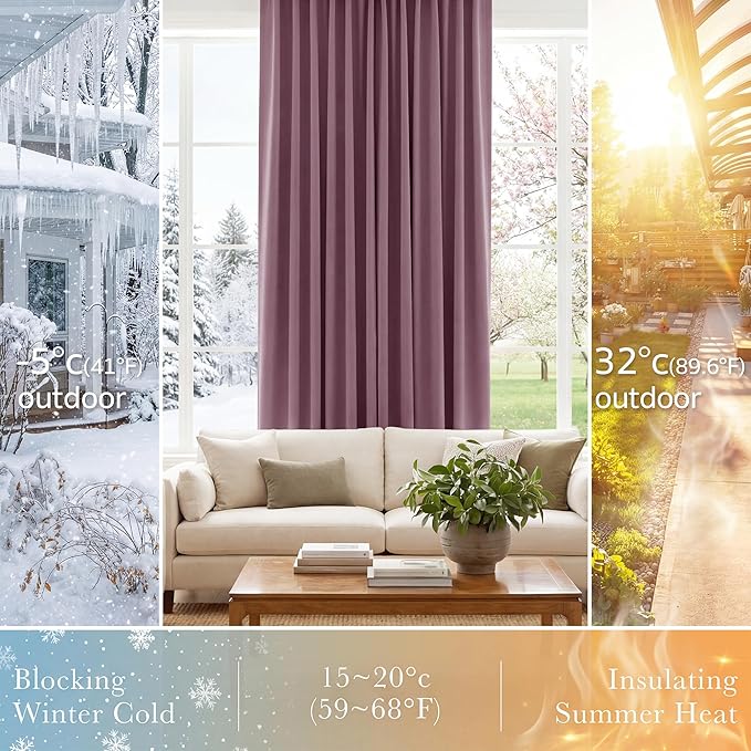 PONY DANCE - Window Curtains - 42 inch W by 45 L Dusty Rose Thermal Insulated Curtain Drapes Light Filter Energy Efficient Modern Design Style for Home Decor Low Shading Effect, 2 Pieces