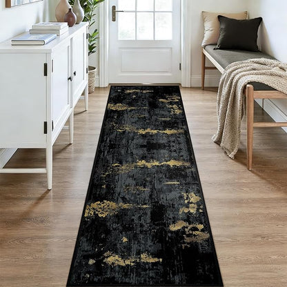 Washable Area Rugs 3x9 Non-Slip Modern Abstract Soft for Living Room Entryway Bedroom Nursery, Print Pattern, Dark Black Gold