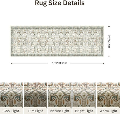 2x6 Hallway Washable Runner Rug - Soft Non Slip Vintage Rugs for Entryway Low-Pile Farmhouse Neutral Kitchen Runners Living Room Floor Mat Stain Resistant Distressed Carpet for Bedroom Bathroom Green