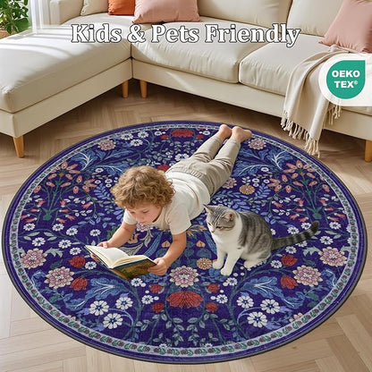 Round Area Rug for Living Room: 6 ft Floral Washable Circle Rug Soft Boho Non-Slip Carpet Indoor Stain Resistant Low Pile Small Circular Rug for Bedroom Entryway Kitchen Nursery Home Office Blue