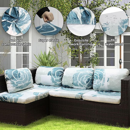 8Pcs Outdoor Cushion Covers, Patio Cushion Covers,Stretch Elastic Slipcovers, Replacement Washable & Reusable Furniture Protector for Patio Couch (Blue Rose-Pattern,Cover Only)