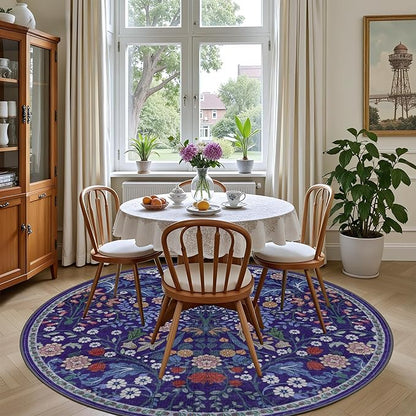Round Area Rug for Living Room: 4 ft Floral Washable Circle Rug Soft Boho Non-Slip Carpet Indoor Stain Resistant Low Pile Small Circular Rug for Bedroom Entryway Kitchen Nursery Home Office Blue