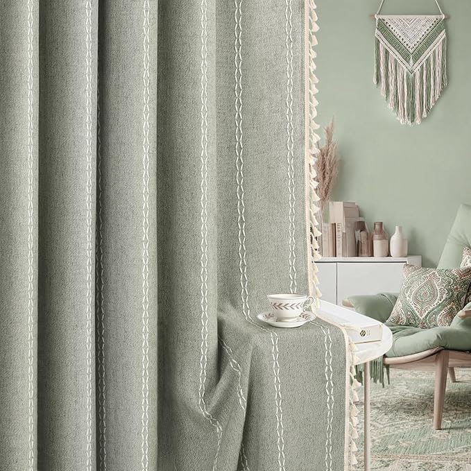 Boho Blackout Curtains 96 Inches Long Sage Green Linen Blend 2 Panels with Tassels and Cotton Embroidery, Farmhouse Vintage Rustic Rod Pocket Drapes for Living Room or Bedroom