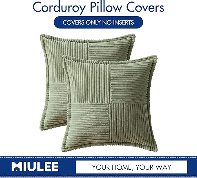 MIULEE Spring Decorative Throw Pillow Covers for Couch Bed Livingroom 18x18 Inch Set of 2 Sage Green Boho Accent Throw Pllows Broadside Striped Patchwork Soft Corduroy Pillowcases