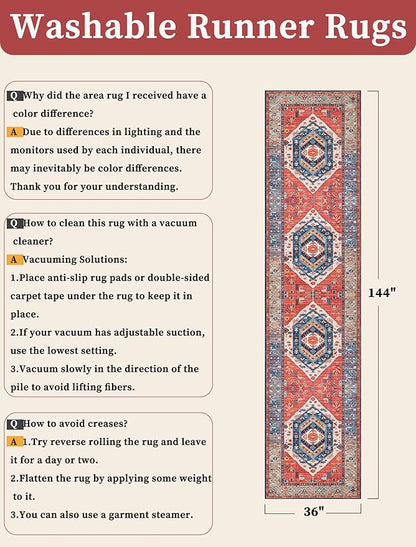 SERISSA Runner Rug for Hallways, 3x12 Washable Non Slip Kitchen Runner Rug, Extra Long Boho Rug Ultra Soft Vintage Rust Print Floor Carpet for Bedroom Hallway Entryway Bathroom Laundry Room